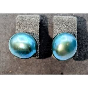 925 Sterling Silver Blue Green Freshwater 10mm Pearl Stud Earrings